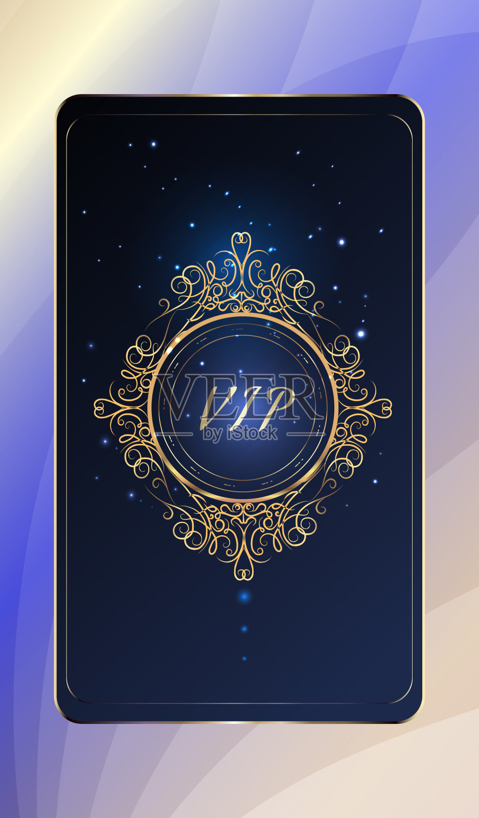 向量VIP卡。金卡。圆形的设计元素。蓝色淡紫色渐变几何装饰东方风格。背景与金字邀请。VIP会员豪华设计。光泽和奢侈品。插画图片素材