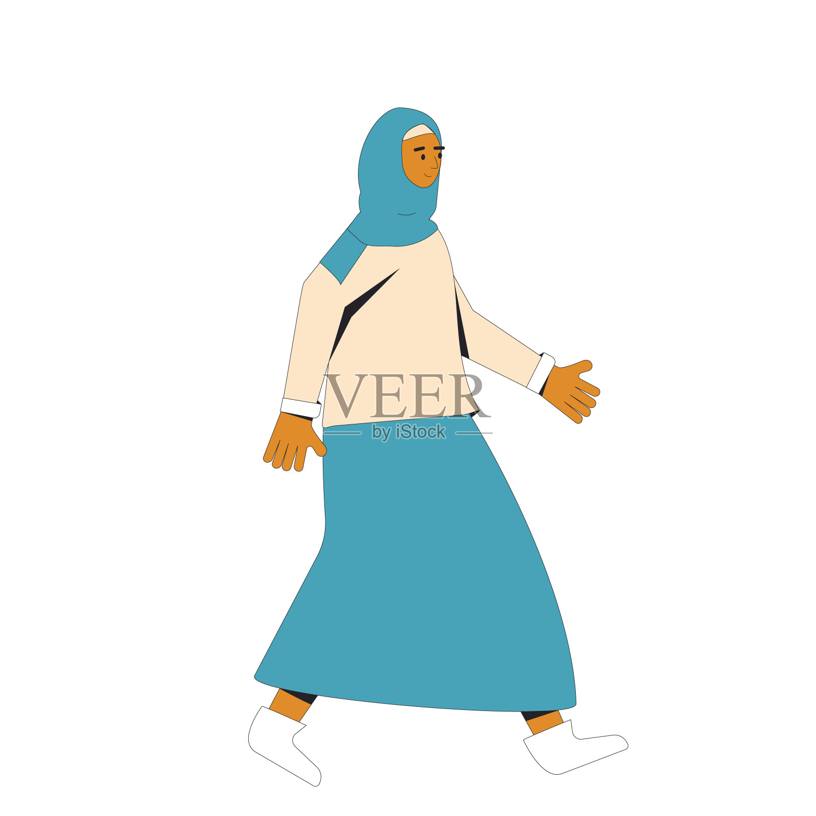 年轻的穆斯林妇女。女青少年角色穿着头巾和休闲衣服行走在一个白色的背景孤立。矢量插图。插画图片素材