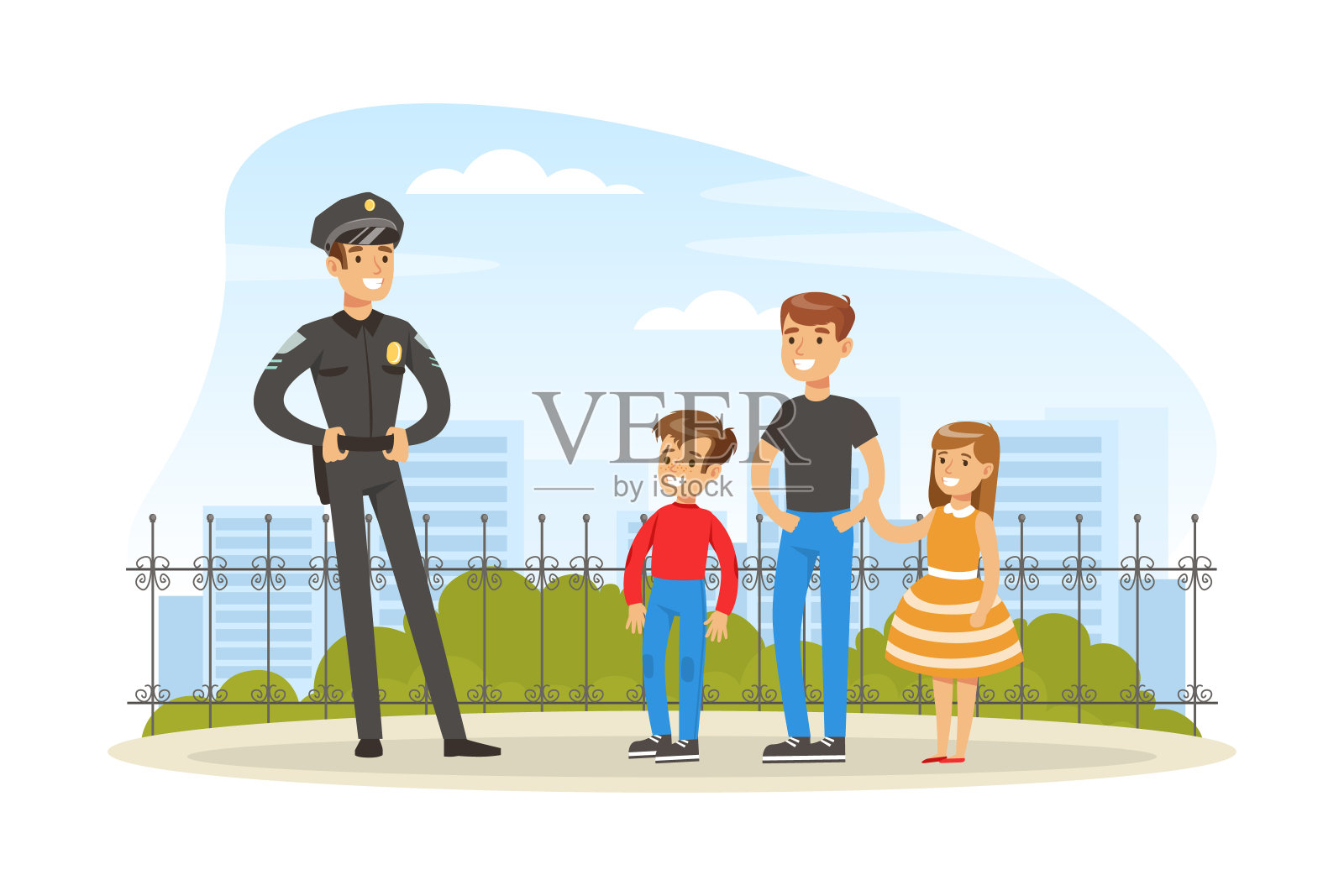 警察或警察作为授权的法律雇员交谈的人户外矢量插图插画图片素材