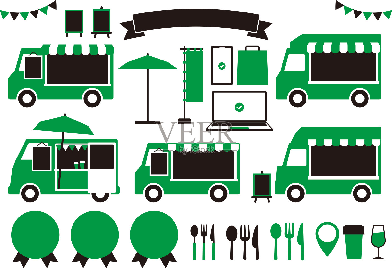 食品卡车图标设置。“黑色和绿色”插画图片素材