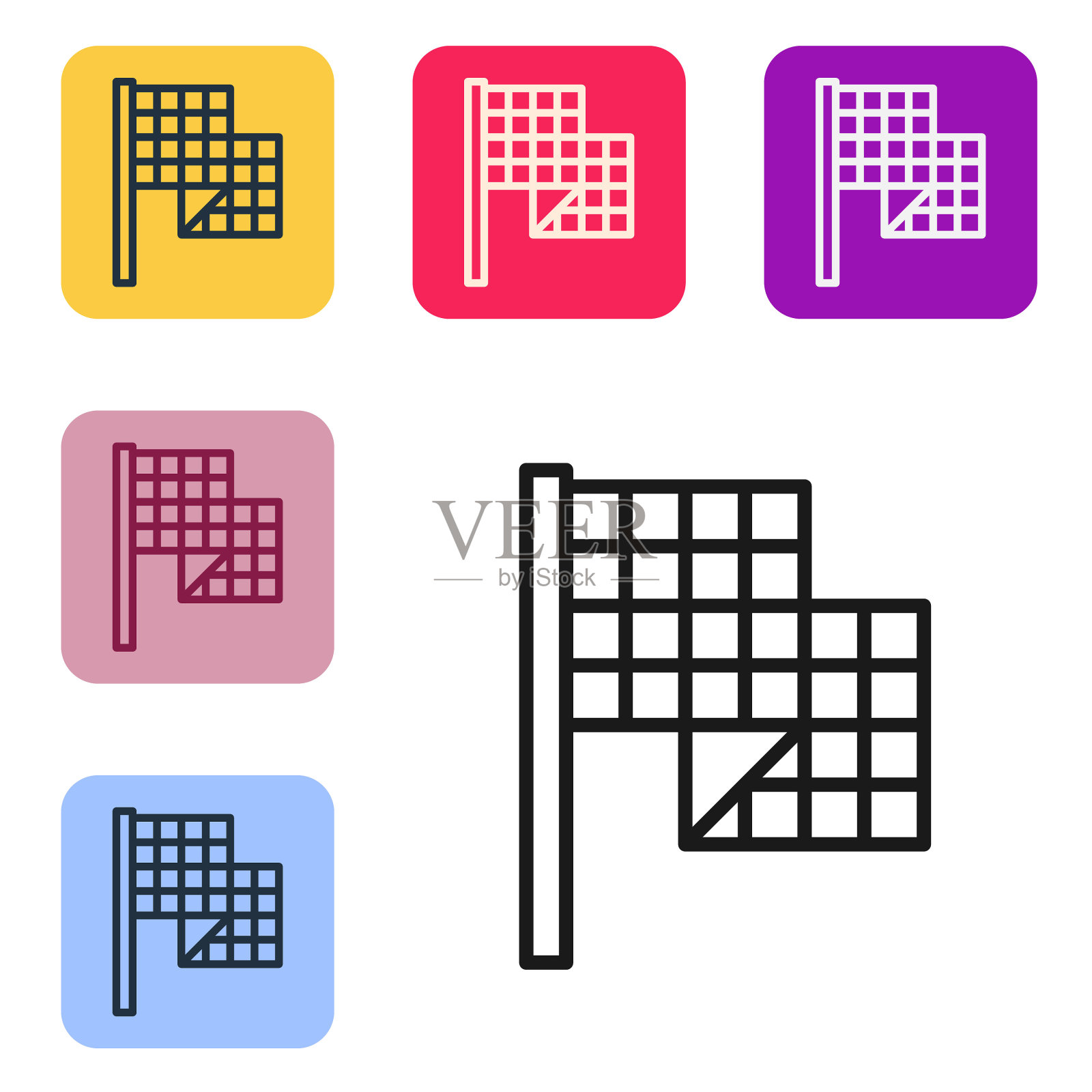 黑线方格旗图标孤立在白色背景。赛车国旗。设置图标的颜色方形按钮。向量图标素材