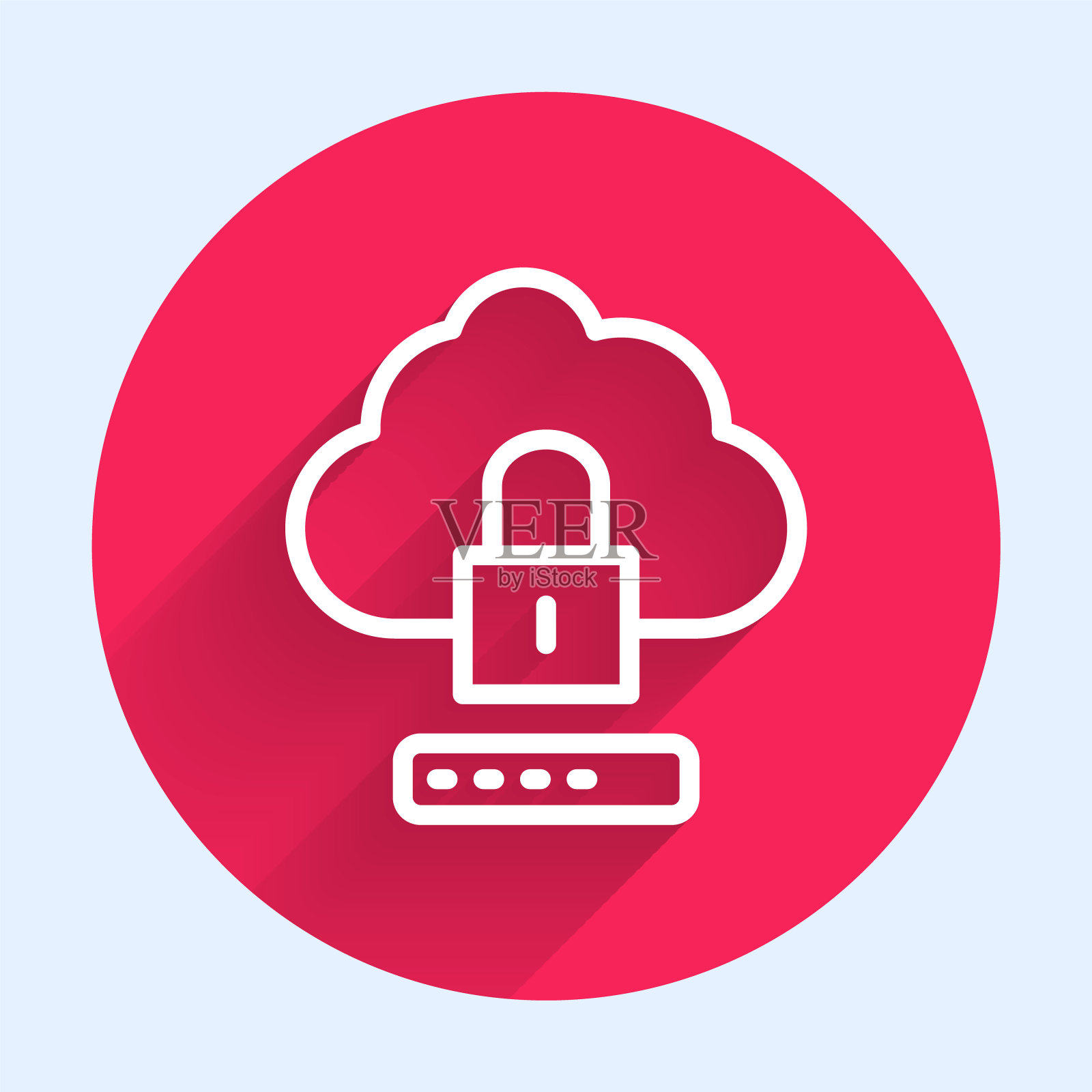 白线云计算锁定图标隔离与长阴影背景。安全、安全、保护的理念。保护个人资料。红色圆圈按钮。向量插画图片素材