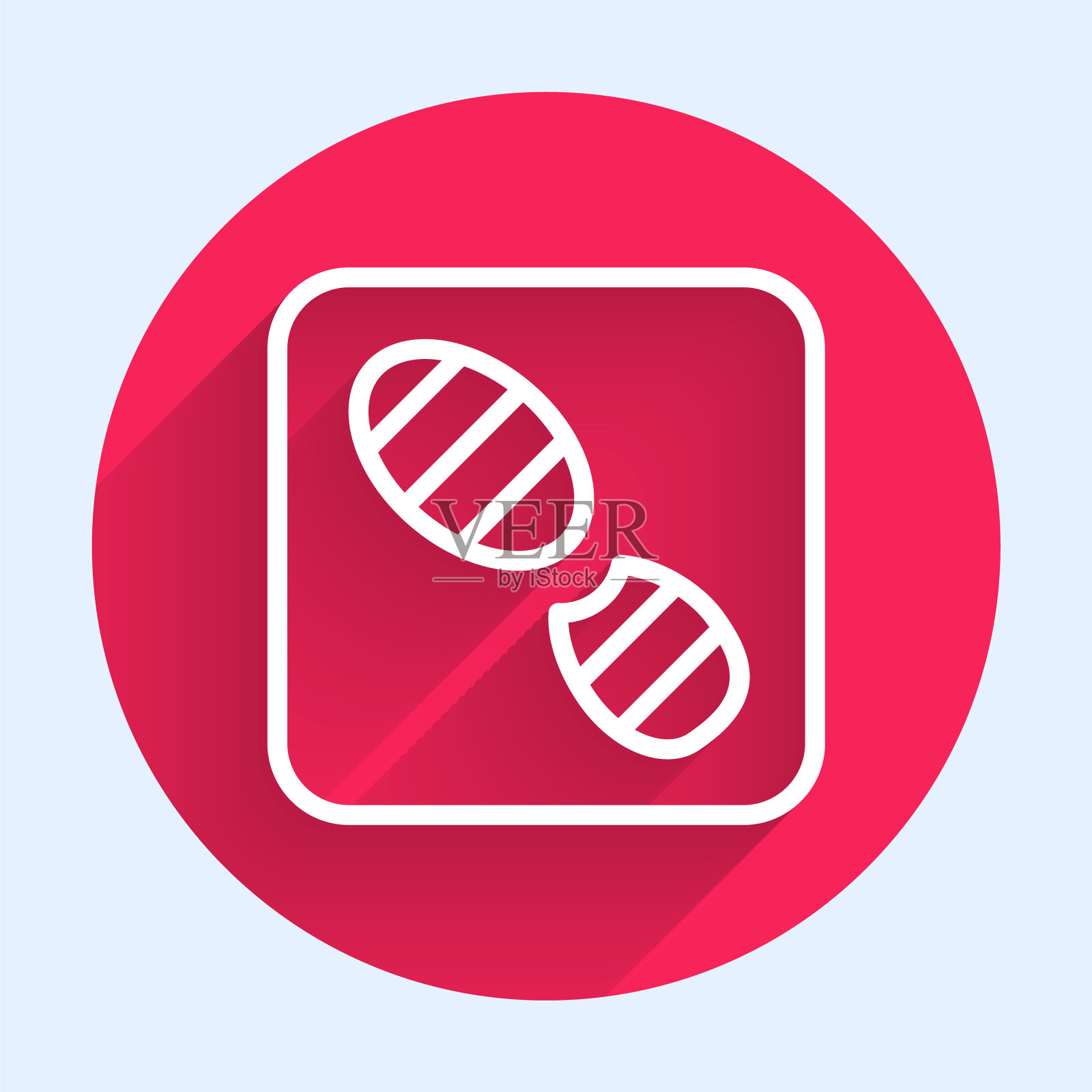 白色线人类脚印鞋图标孤立与长影子。鞋鞋底。红色圆圈按钮。向量图标素材