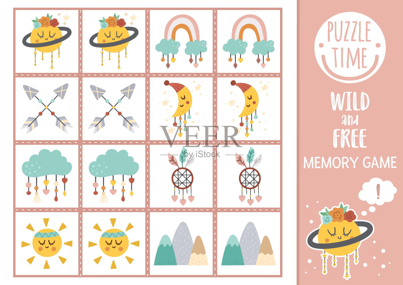 向量野生和自由记忆游戏卡与行星，山脉，箭头。匹配活动与可爱的角色。记住并找到正确的卡片。简单的民族打印工作表的孩子。插画图片素材