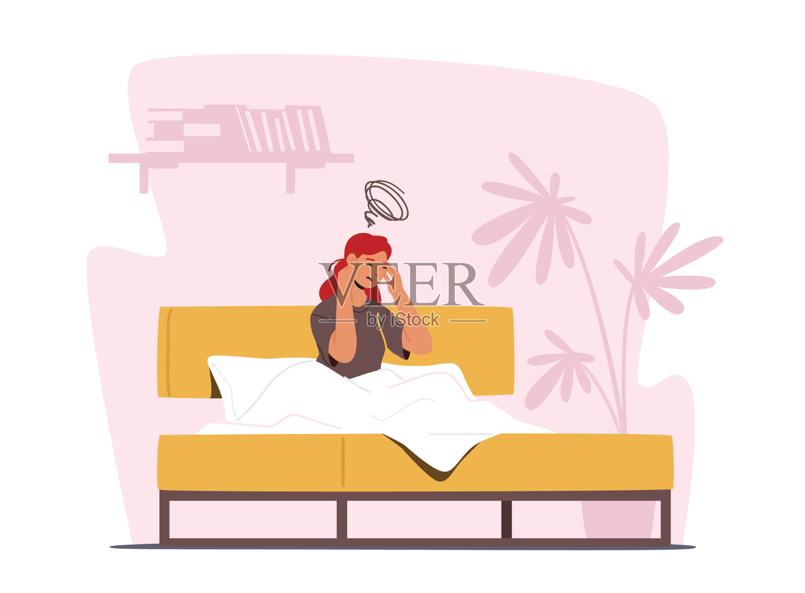 患有抑郁症和偏头痛的女性角色：精神不振的妇女插画图片素材