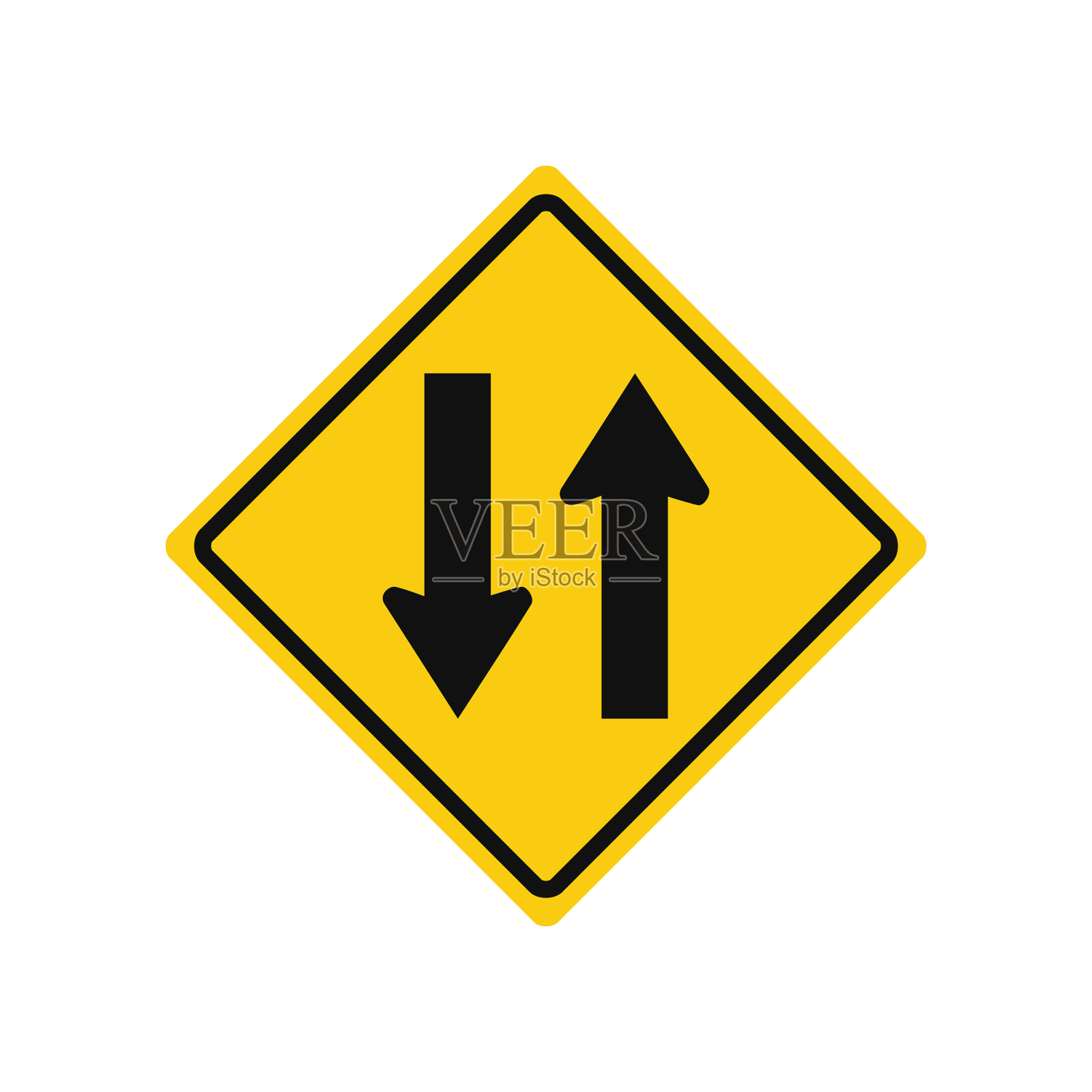 黄色和黑色的菱形交通信号，孤立在白色背景上。前方有双向交通警告设计元素图片