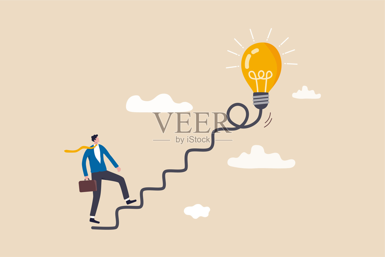 商业创意，思考和头脑风暴的新想法或机会，职业道路或目标的成就，商人开始走在电线作为楼梯到大的想法灯泡。插画图片素材