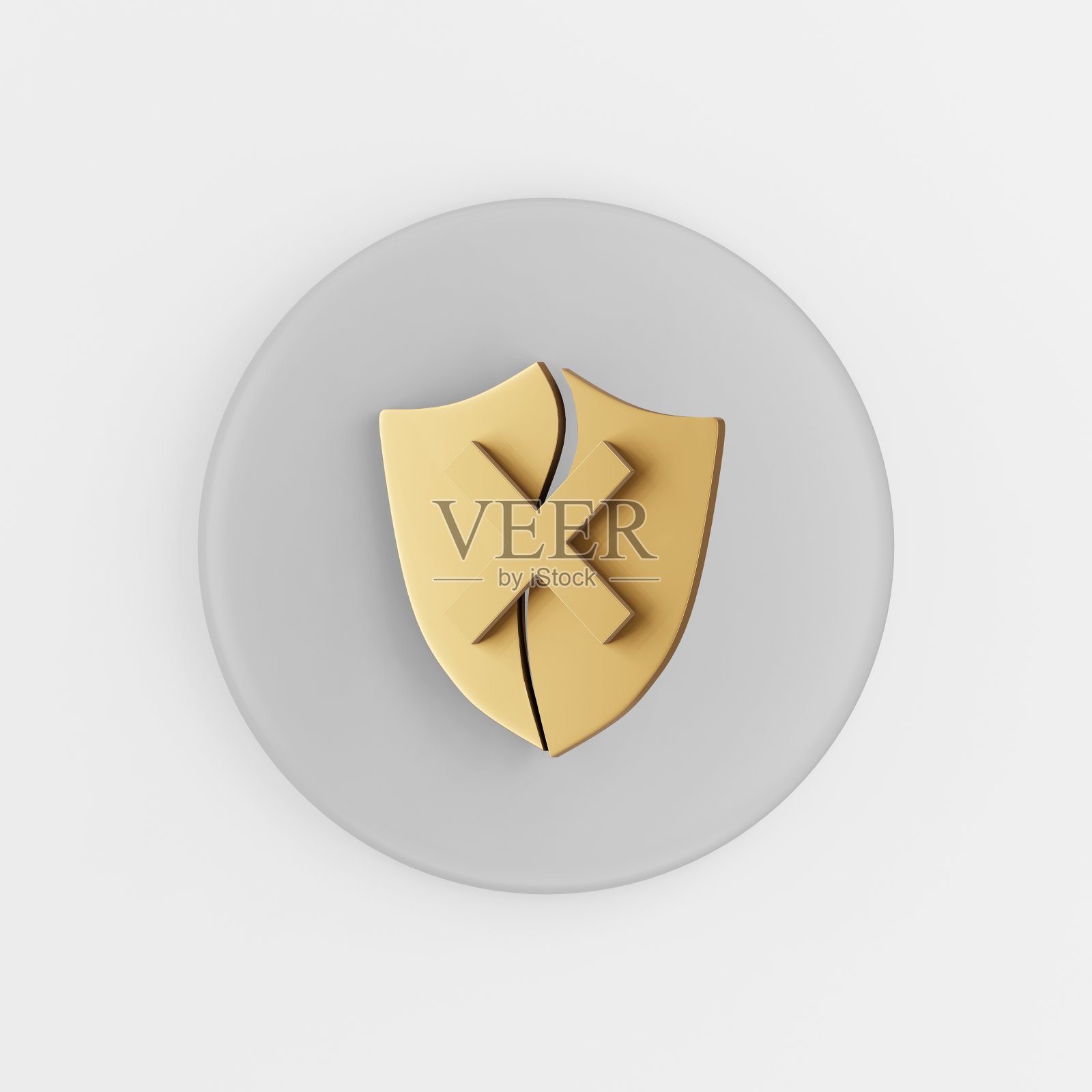 金色破碎的盾牌图标。3d渲染灰色圆形按键，界面UI用户体验元素。图标素材