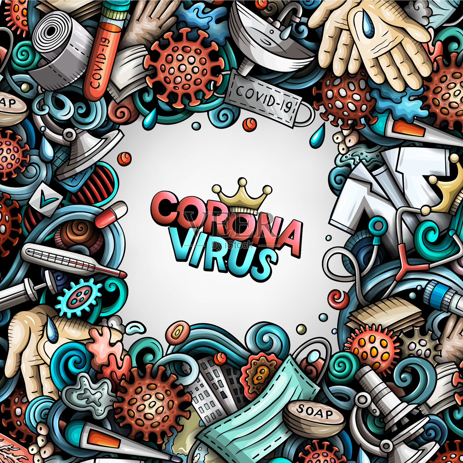 冠状病毒手绘涂鸦边界插画图片素材
