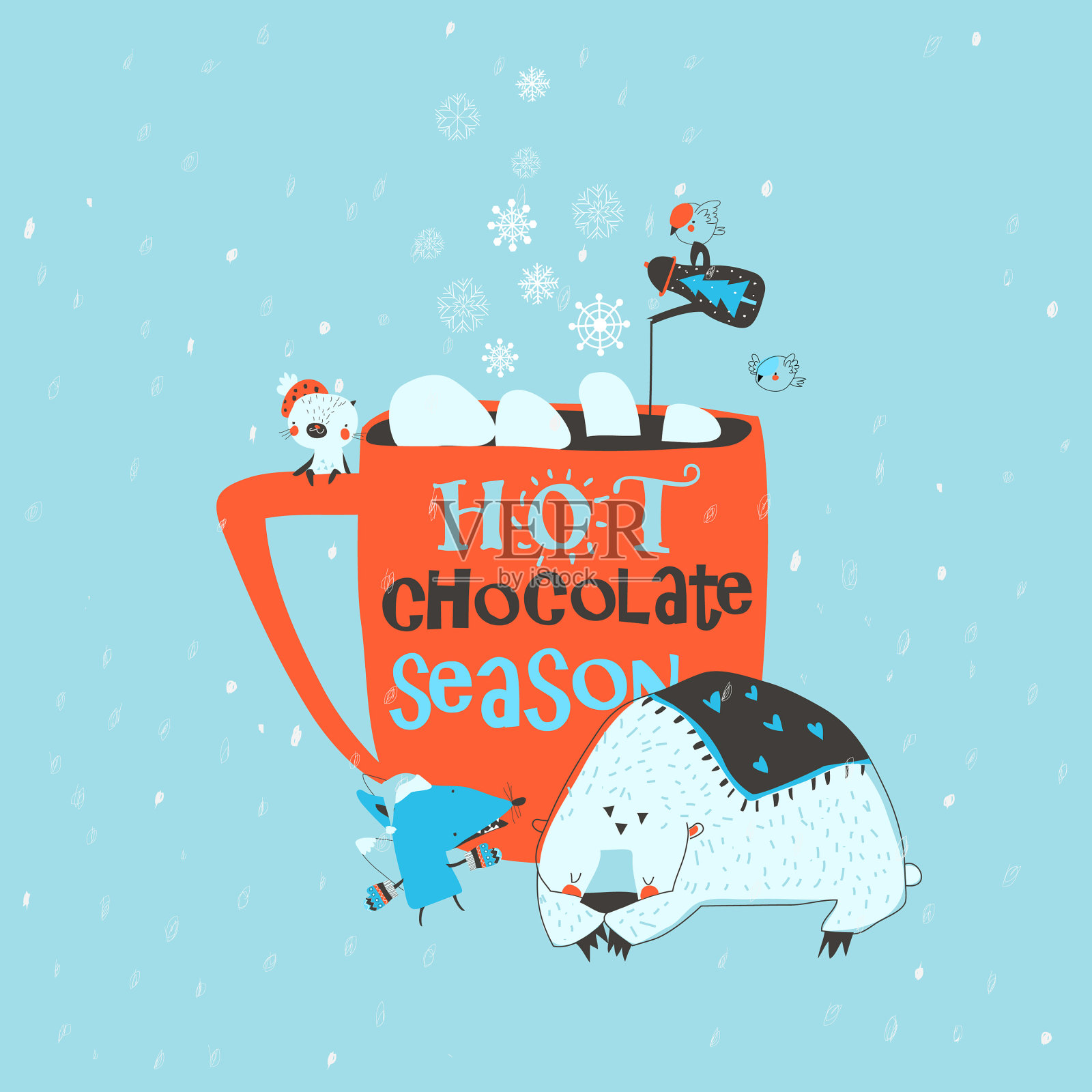 有趣的卡通动物坐在旁边的大红色杯子插画图片素材