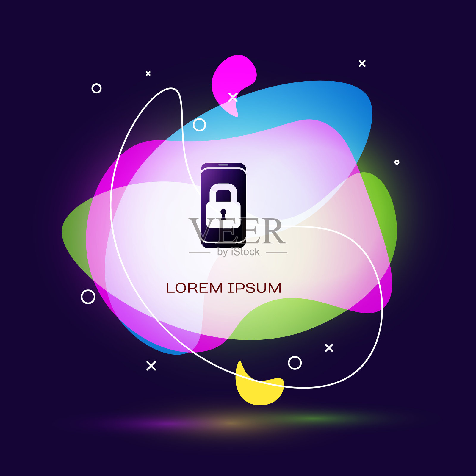 黑色智能手机与封闭的挂锁图标隔离插画图片素材