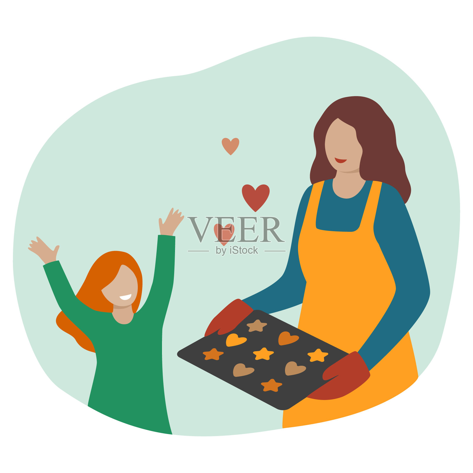 快乐的母亲和女儿一起做饼干。女人拿着一个烤盘，上面放着饼干，女孩高兴极了。父母和后代。平的风格。在白色背景上隔离。矢量彩色流行插图。卡通家庭快乐。插画图片素材