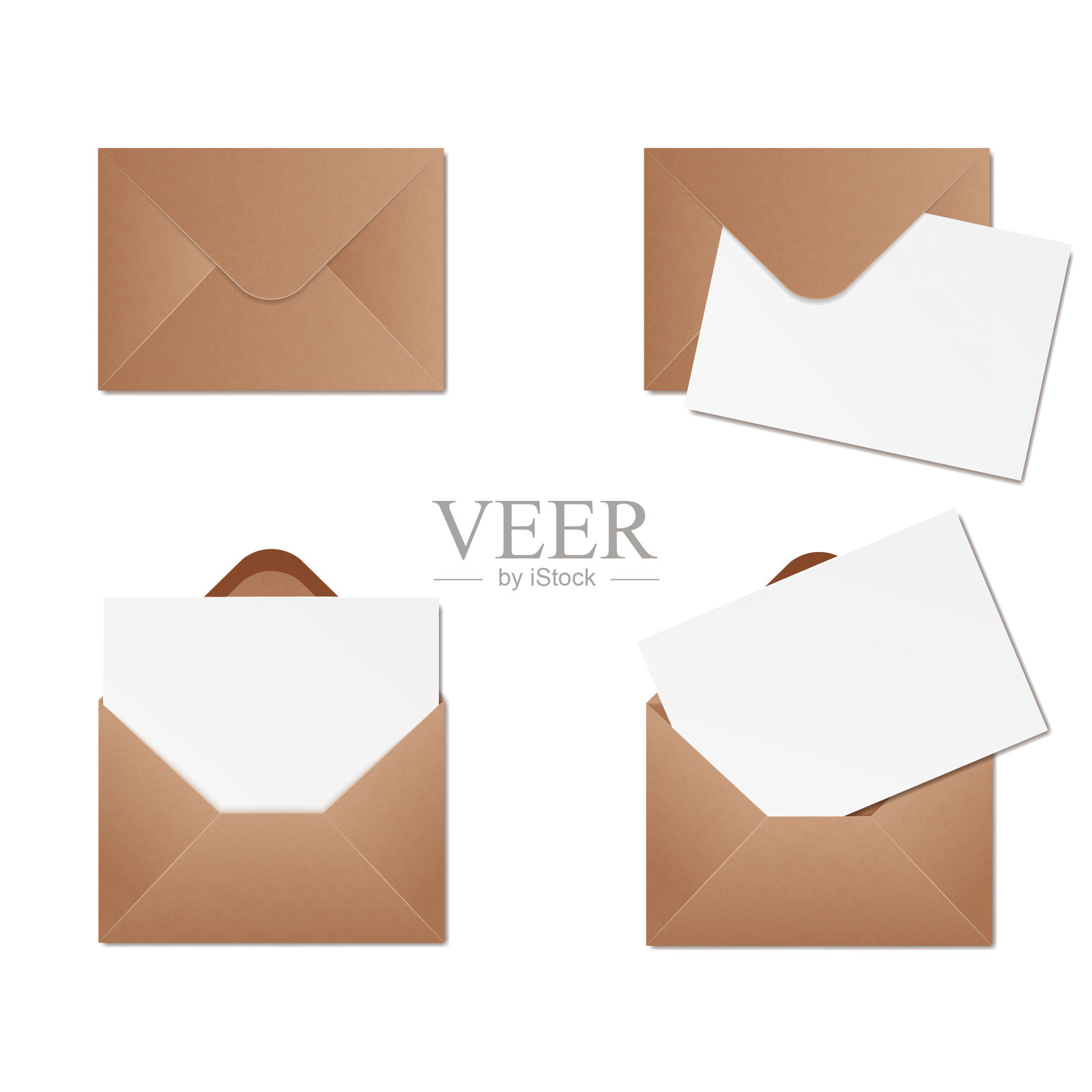 一套棕色的工艺信封，孤立在白色背景上。插画图片素材