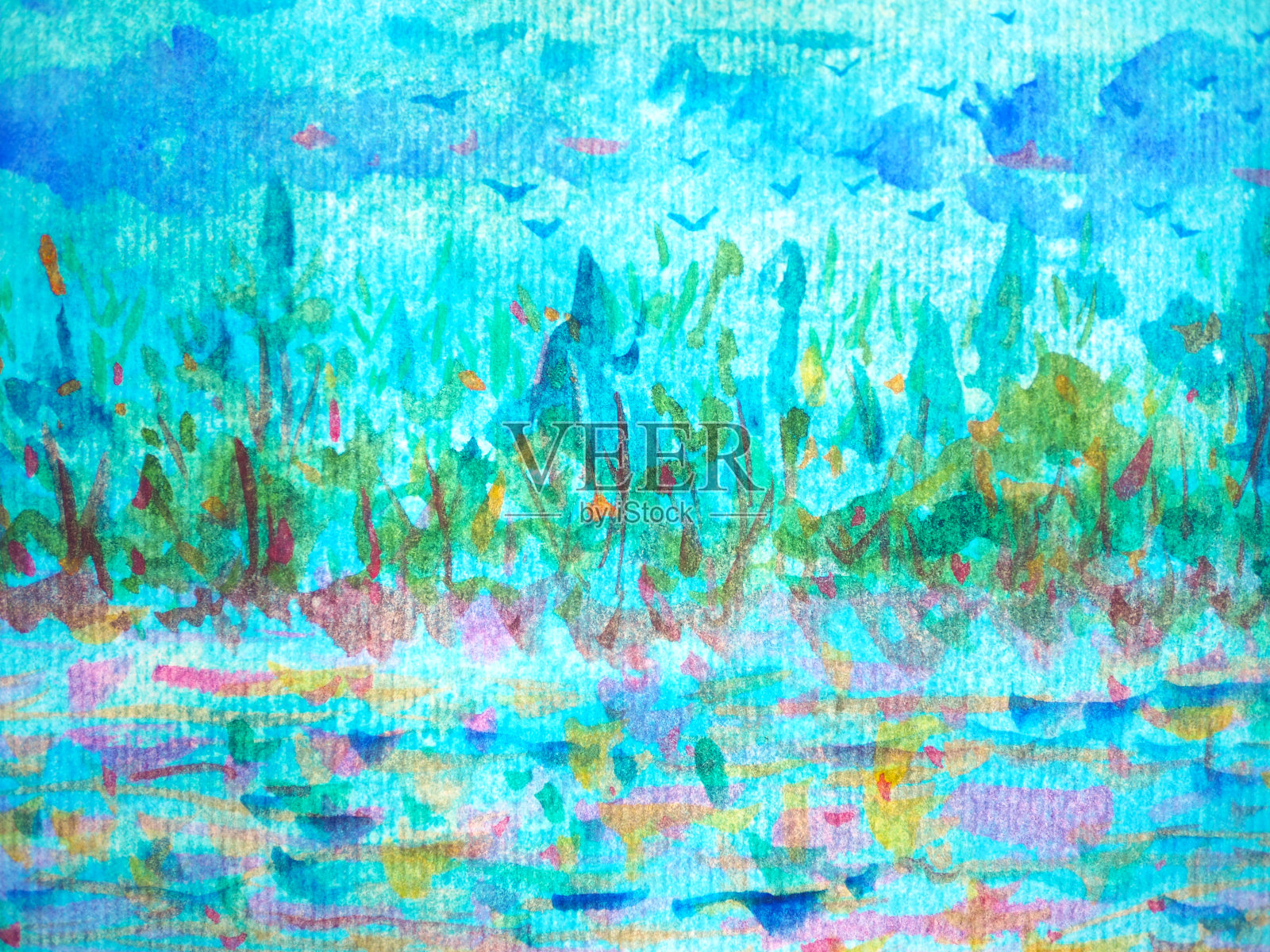 艺术抽象山水水彩画树木森林蓝绿色河流插图设计图插画图片素材