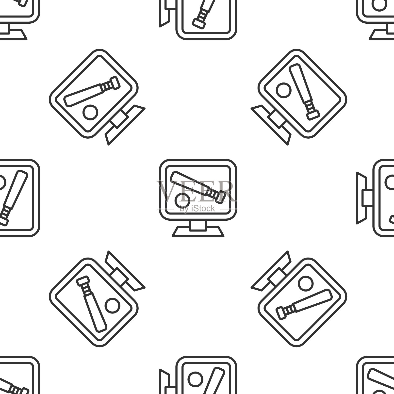 灰色线显示器与棒球和球棒在屏幕上图标隔离无缝模式的白色背景。在线棒球比赛。向量插画图片素材