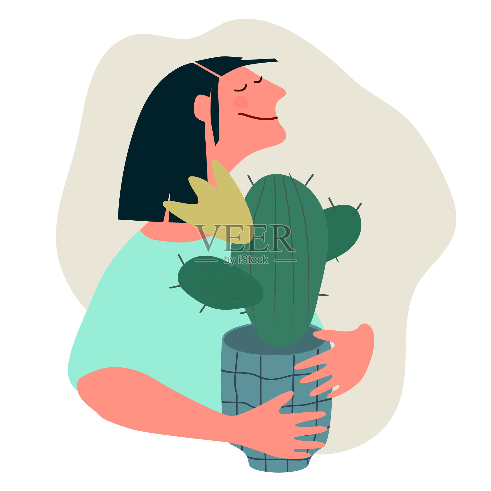 女人抱着仙人掌。平面向量插图。室内植物种植、销售、配送、护理服务理念插画图片素材