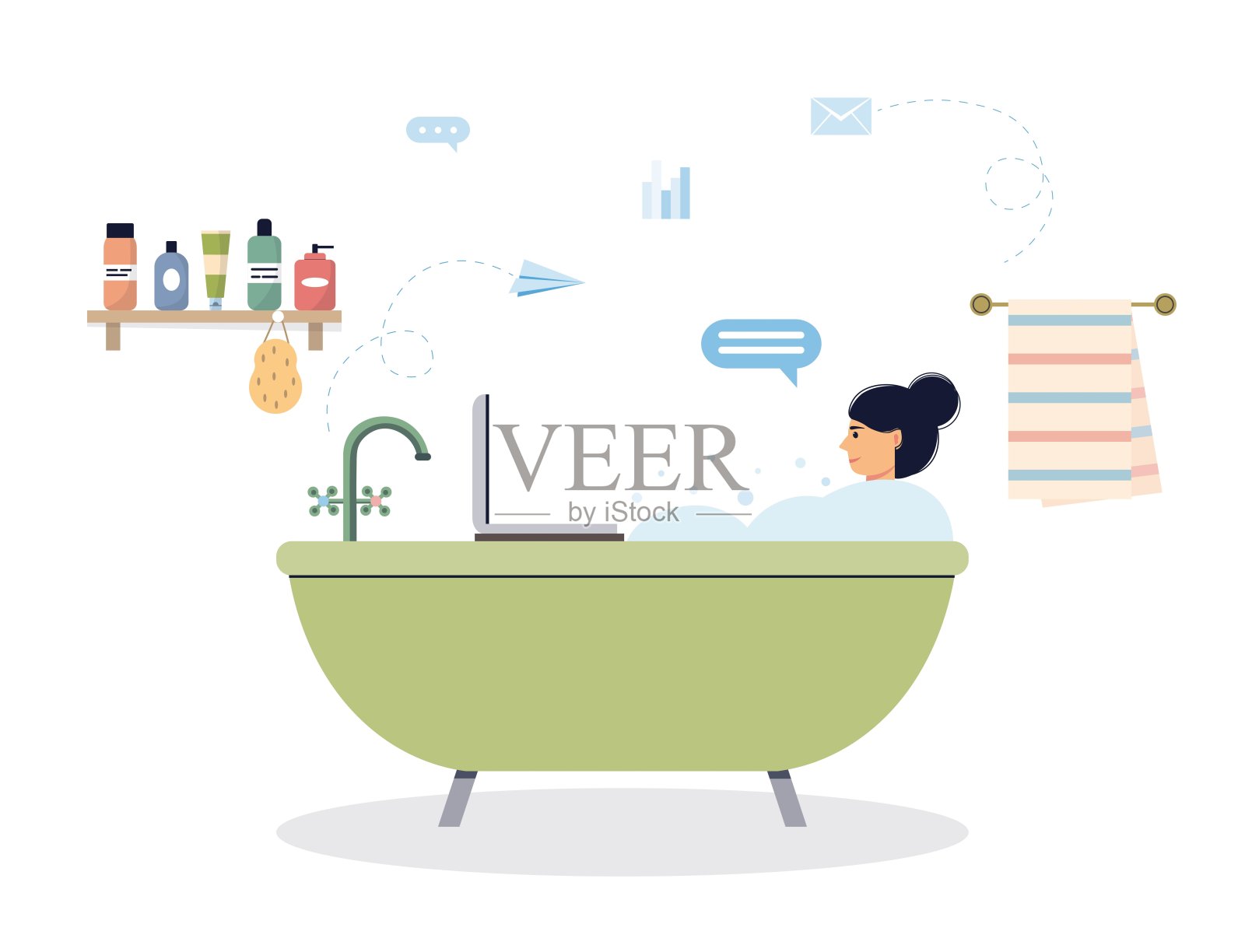 年轻女子一边洗澡一边用笔记本电脑工作。上瘾的女人或工作狂远程工作女性角色。在线交流的概念。自由工作者。矢量插图。插画图片素材