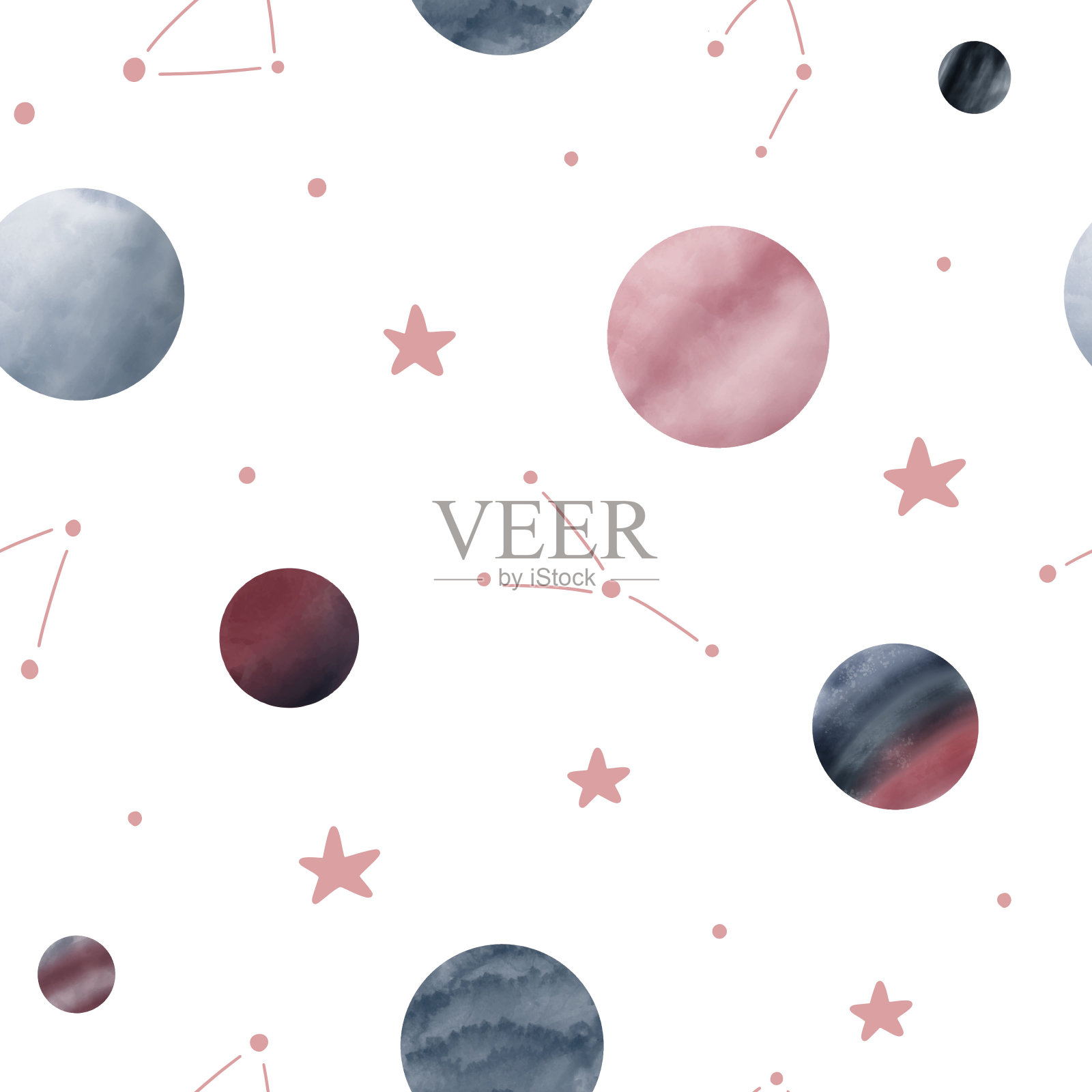 可爱的空间无缝模式与行星和星星在水彩画风格。手绘斯堪的纳维亚风格矢量插图。插画图片素材