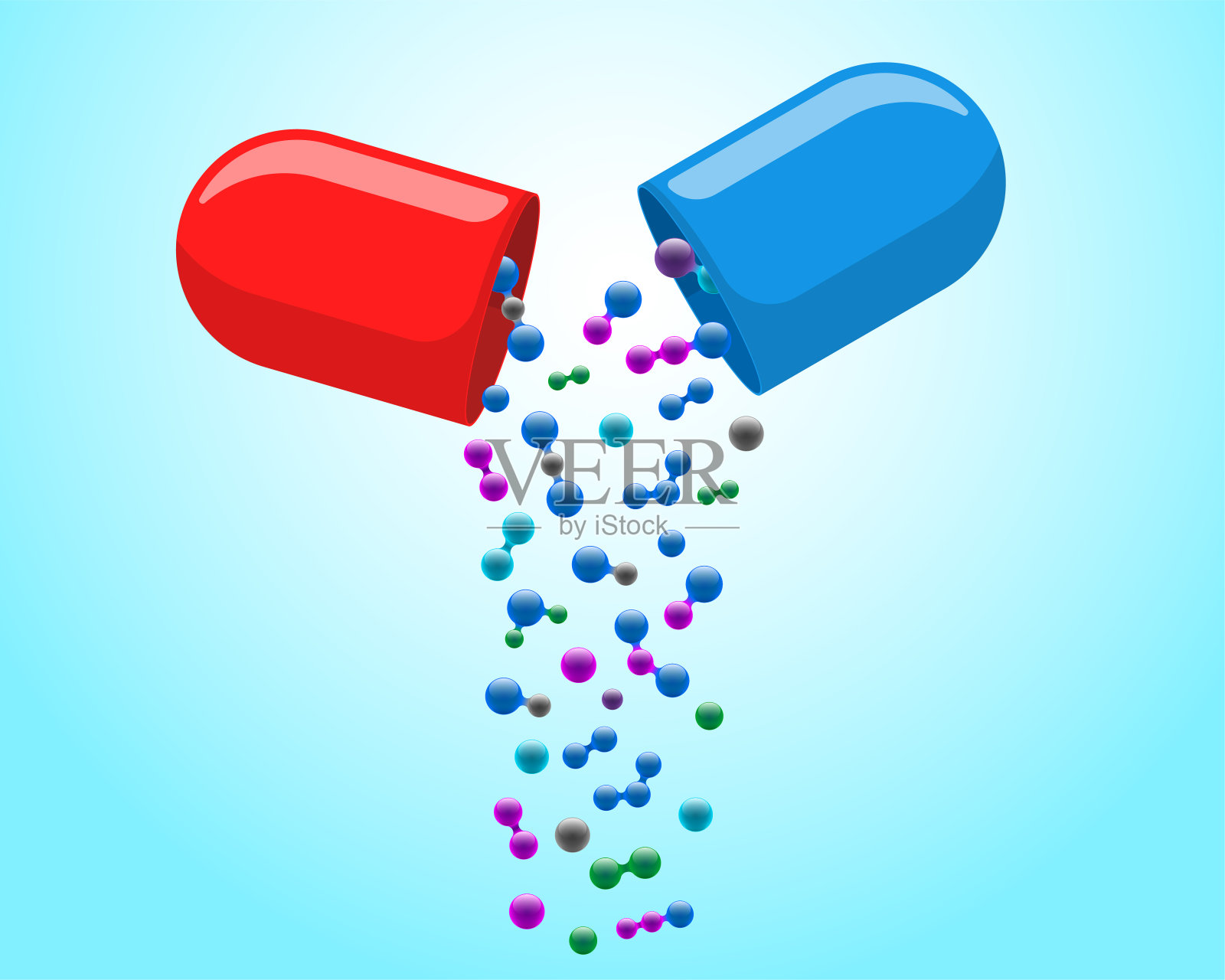 医用胶囊药丸打开后，会掉出五颜六色的分子。药物维生素改善健康观念。红色和蓝色药物抗生素一半粒子矢量插图插画图片素材