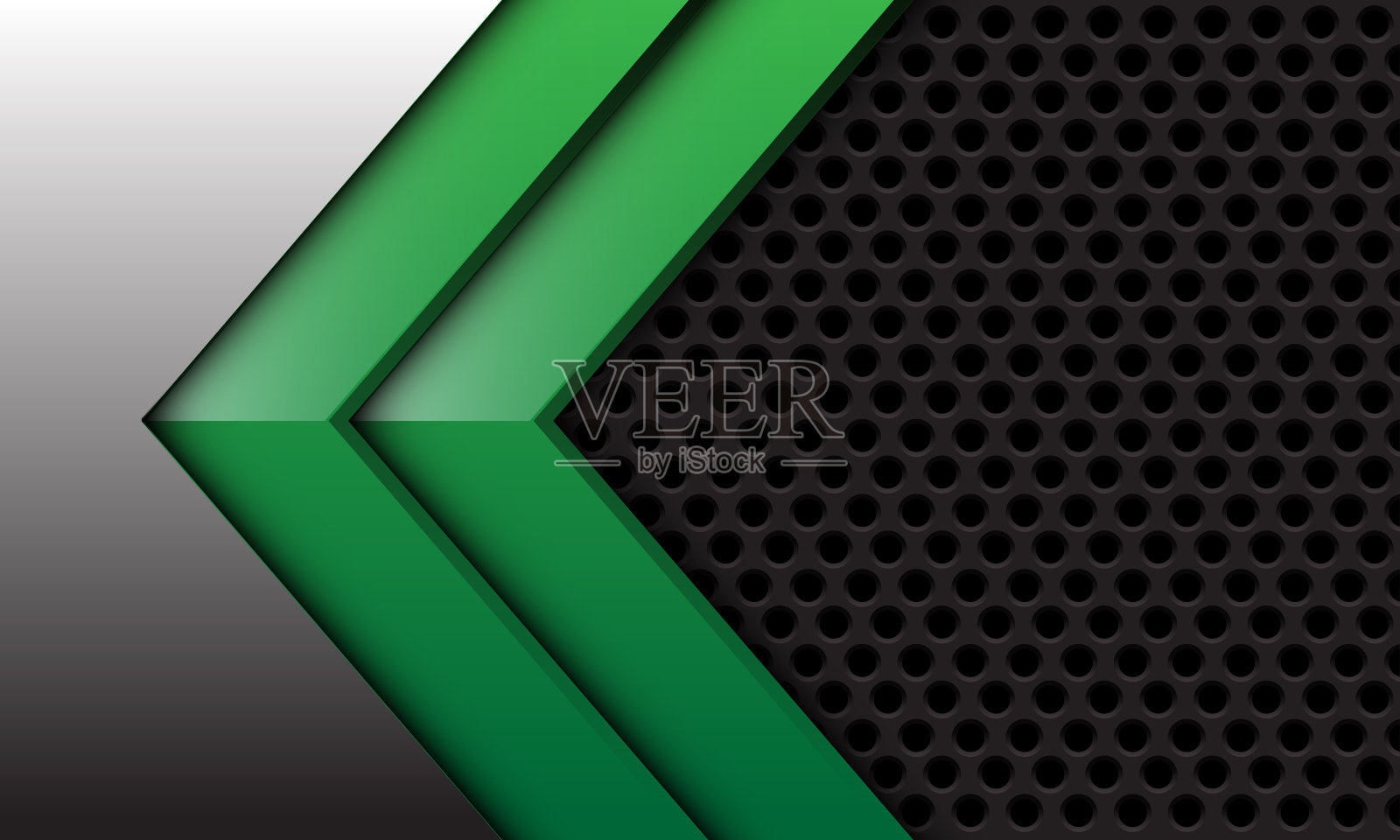 抽象的双绿色箭头在银色与深灰色的圆网格设计现代未来主义背景矢量插图。插画图片素材