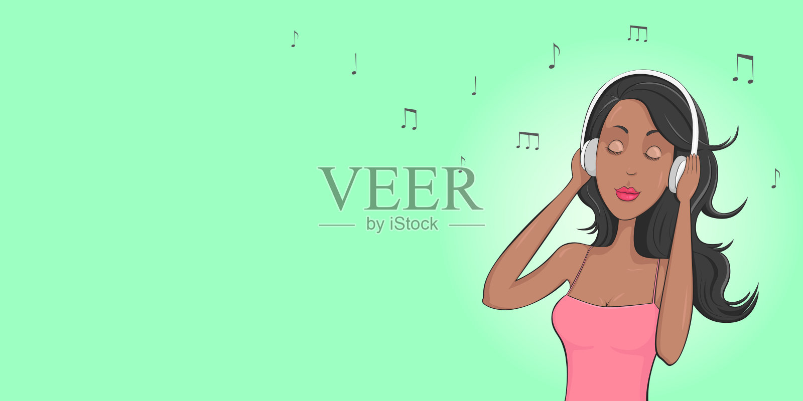 非洲女孩戴着耳机听音乐。有复制空间的海报。矢量图插画图片素材