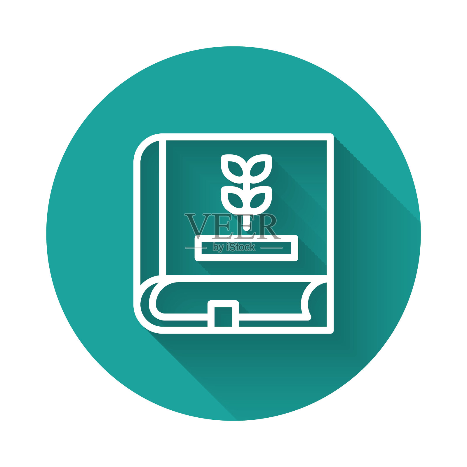 关于种子的白线书图标孤立与长阴影背景。绿色圆圈按钮。向量插画图片素材