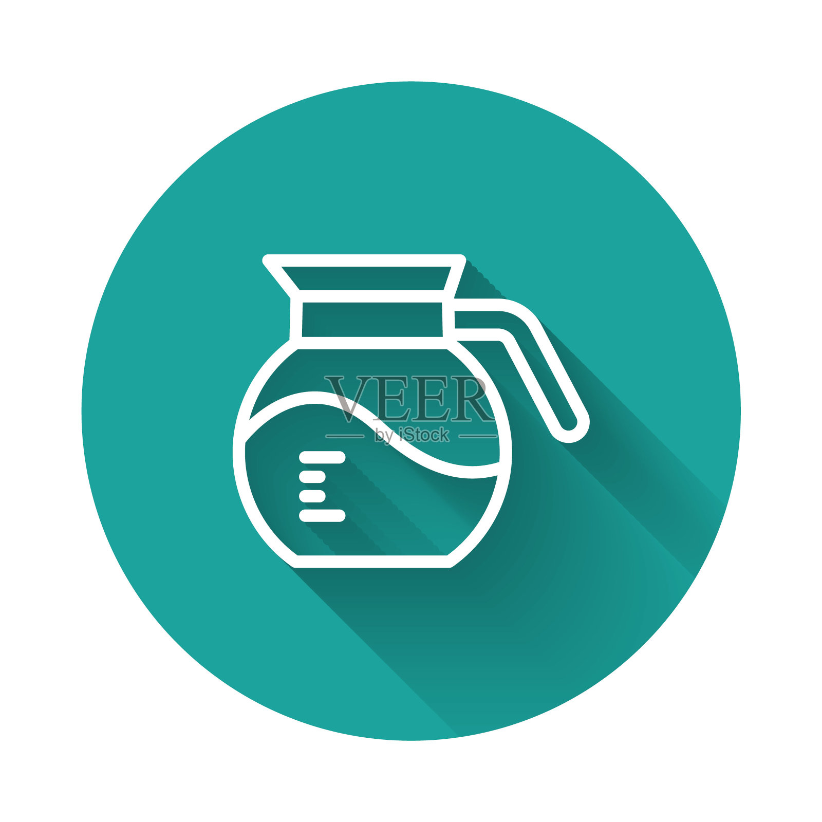 白线咖啡壶图标孤立与长阴影背景。绿色圆圈按钮。向量插画图片素材