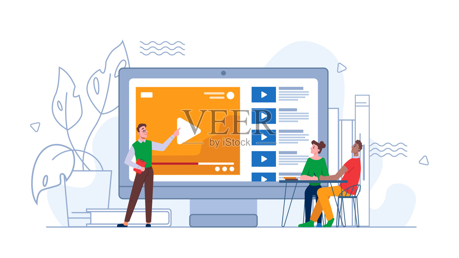 远程教育视频教程，在线网络研讨会，培训或咨询，人们坐在桌边听课程。利用现代技术在家中或办公室、大专院校学习插画图片素材