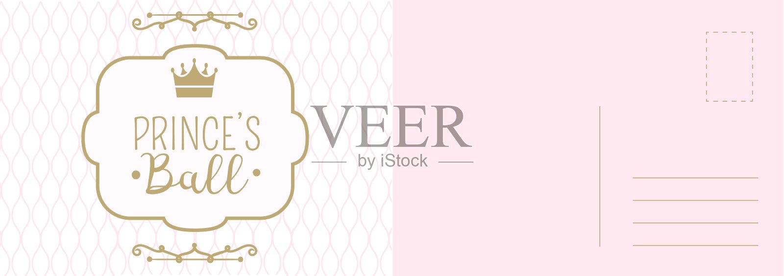 生日邀请卡。公主球贺卡。假日儿童派对明信片与金色皇冠在粉粉背景，最小的设计字母模板与书法矢量插图插画图片素材