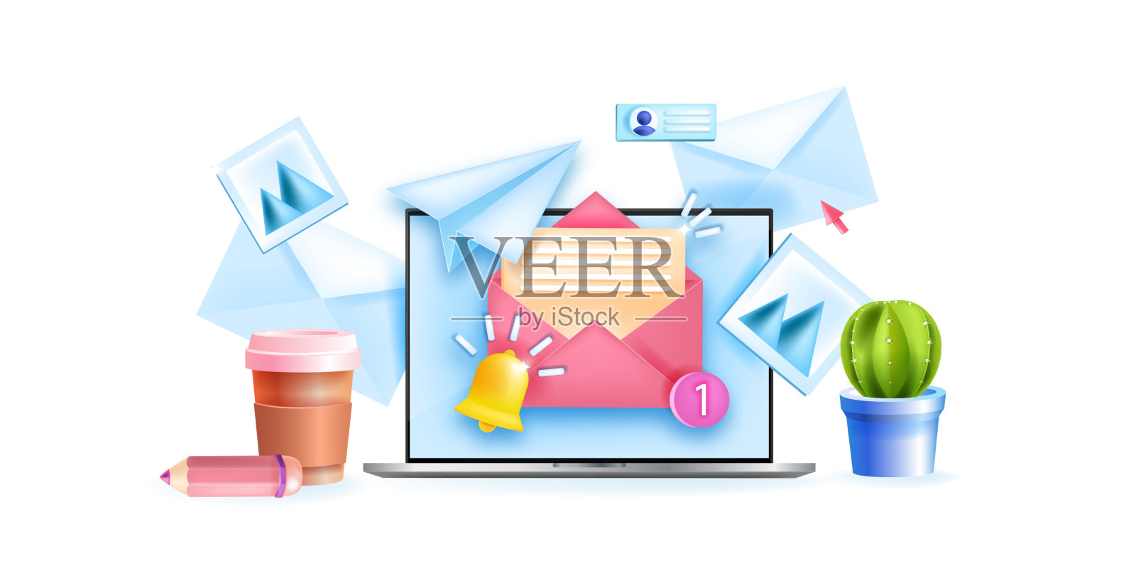 订阅新闻通讯3D矢量概念，注册邮件列表插图，打开的信封，仙人掌，笔记本电脑。插画图片素材