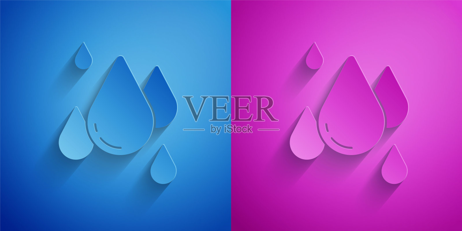 剪纸水滴图标孤立在蓝色和紫色的背景。纸艺术风格。向量插画图片素材