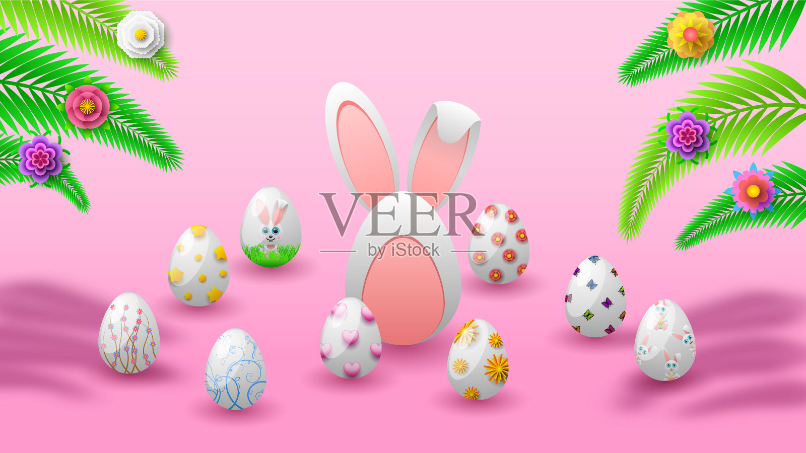 摘要复活节兔子彩蛋色彩背景矢量设计风格插画图片素材