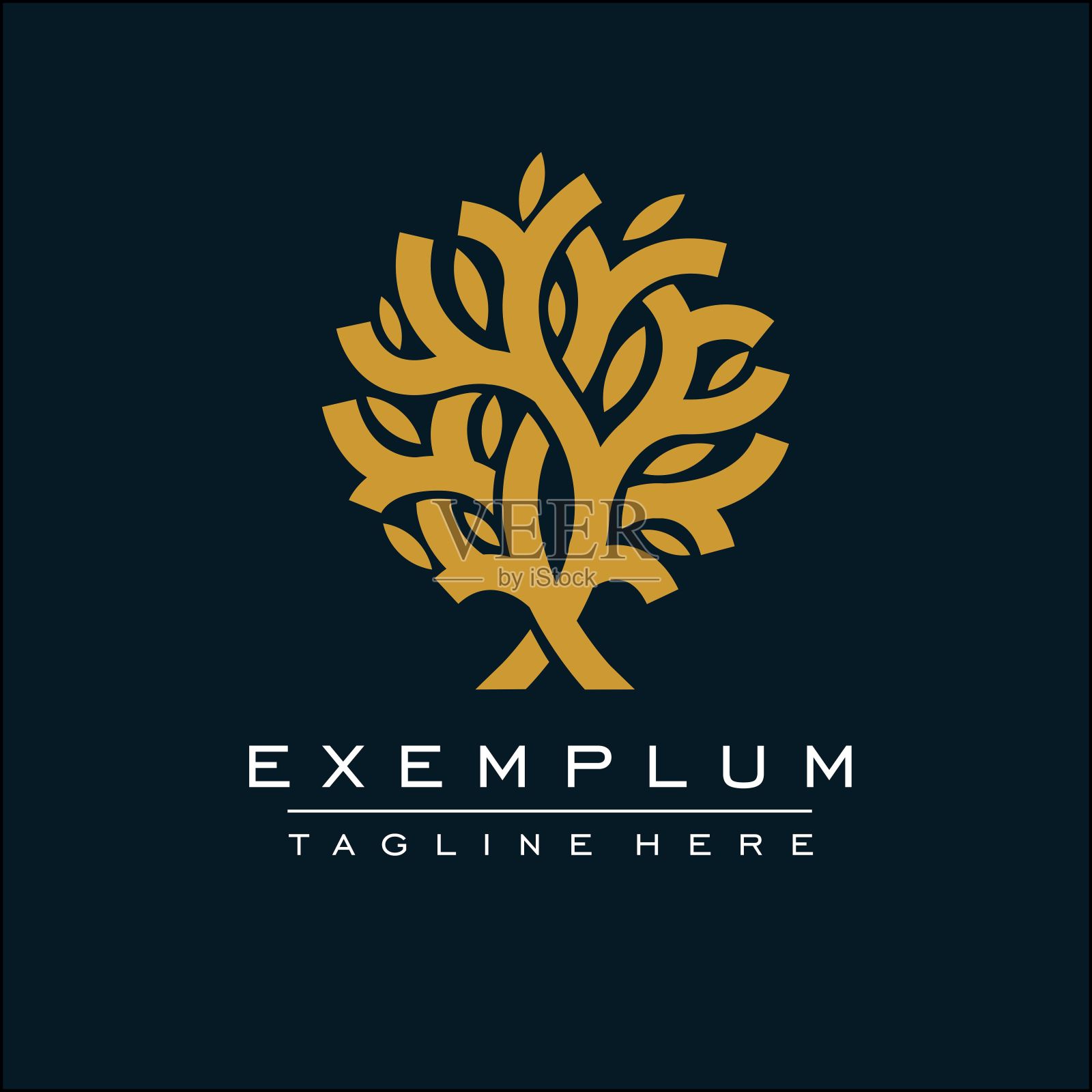 金色的树向量图标。自然树木矢量插图标志设计。装饰圆形字母，模板创建标志，标签，人字形。插画图片素材