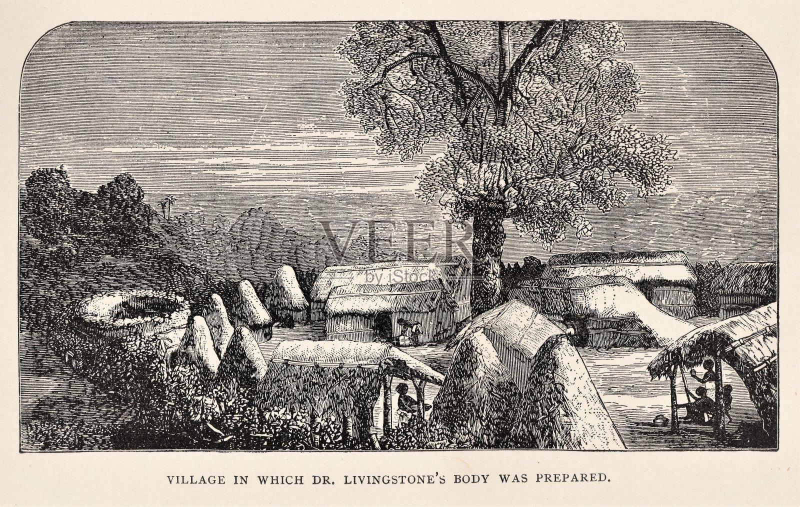 19世纪非洲，利文斯顿博士的心脏被埋在赞比亚村插画图片素材
