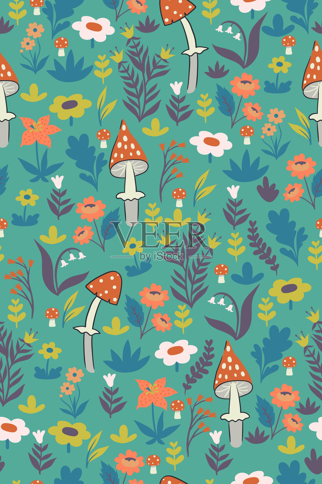 无缝图案与白毒伞和花插画图片素材