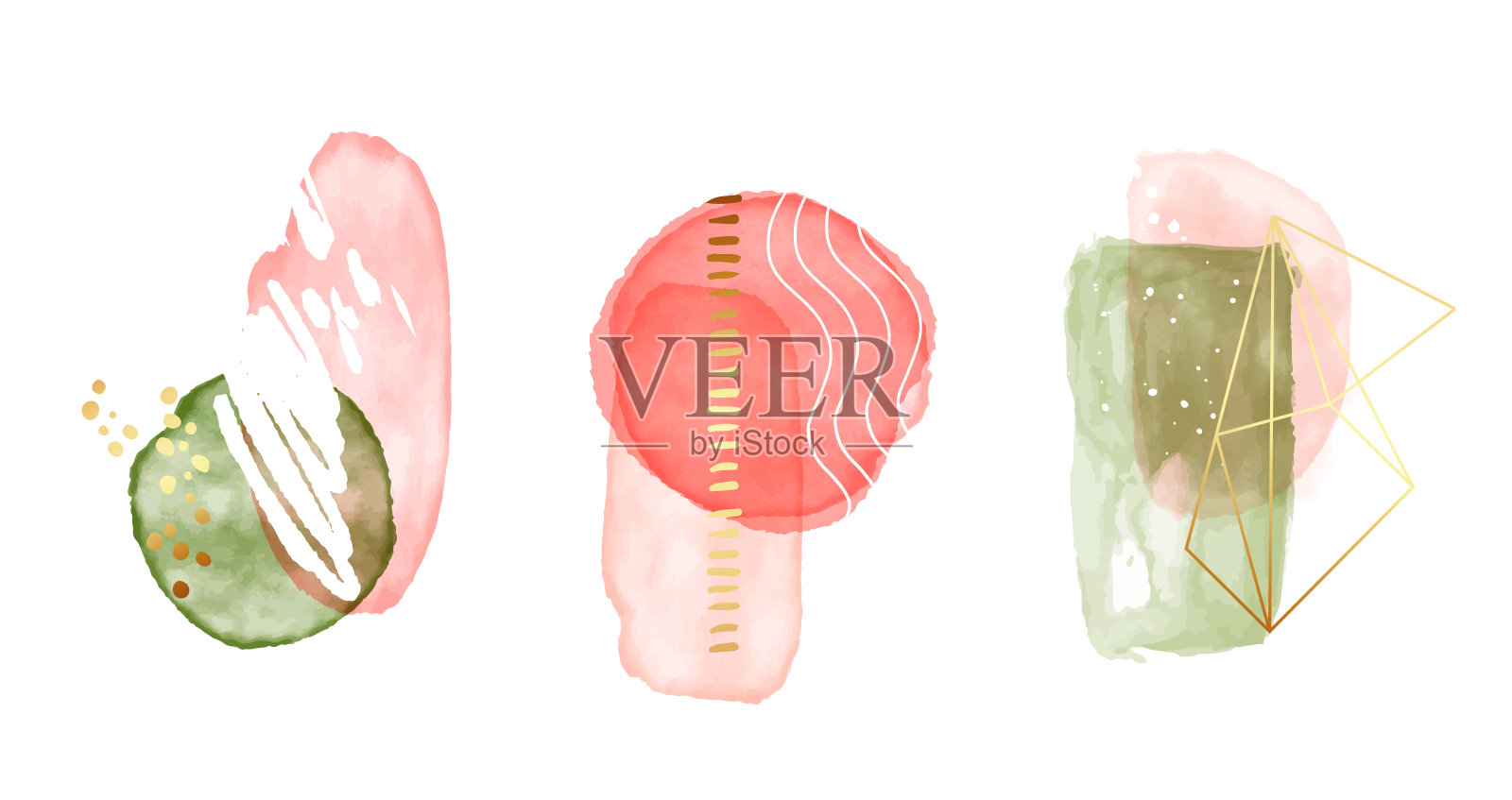 矢量手绘。抽象设计与几何涂鸦，对比各种形状。现代艺术，极简主义框架手绘粉绿色斑点，水彩墨水形状插画图片素材