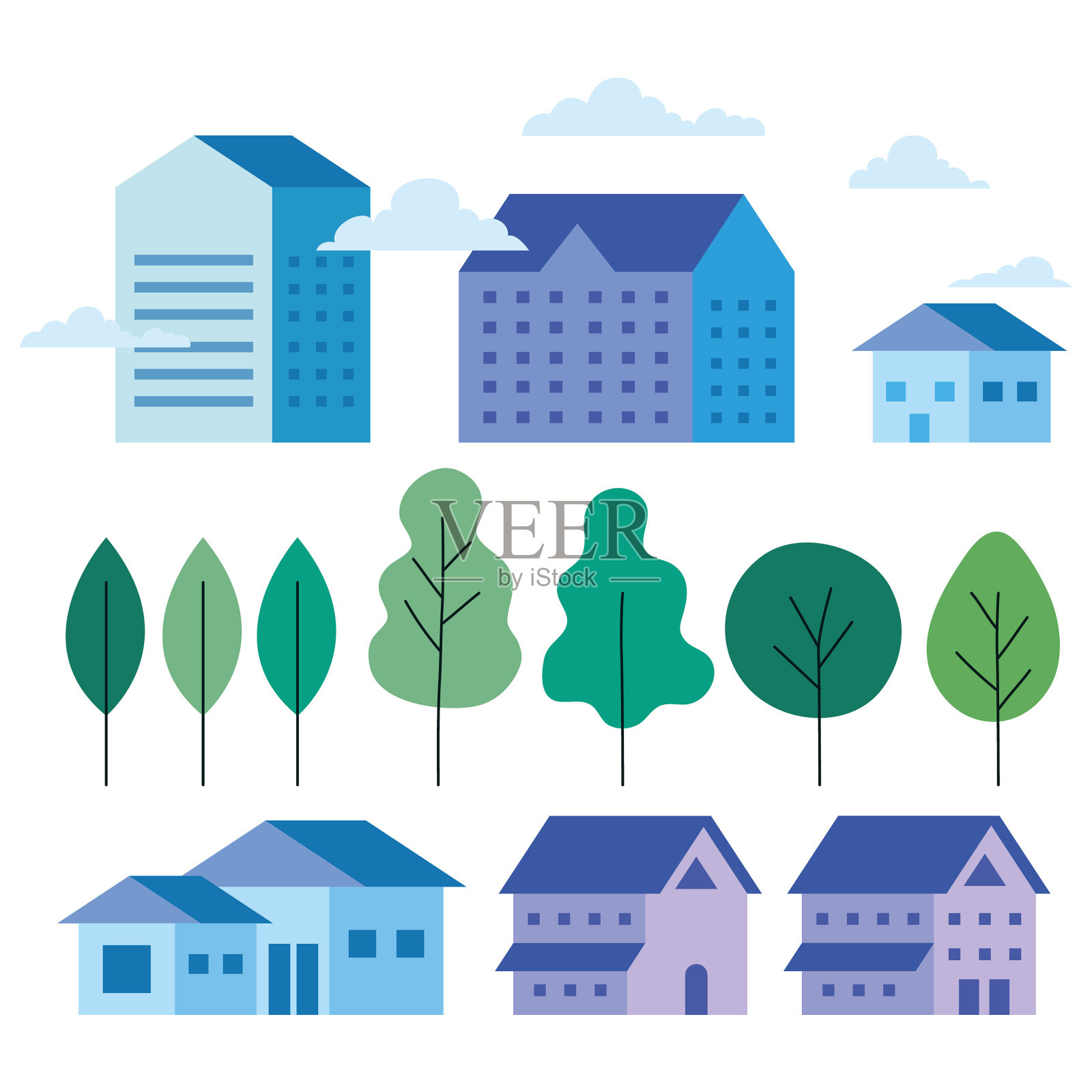 城市建筑，房屋，树木和云彩插画图片素材