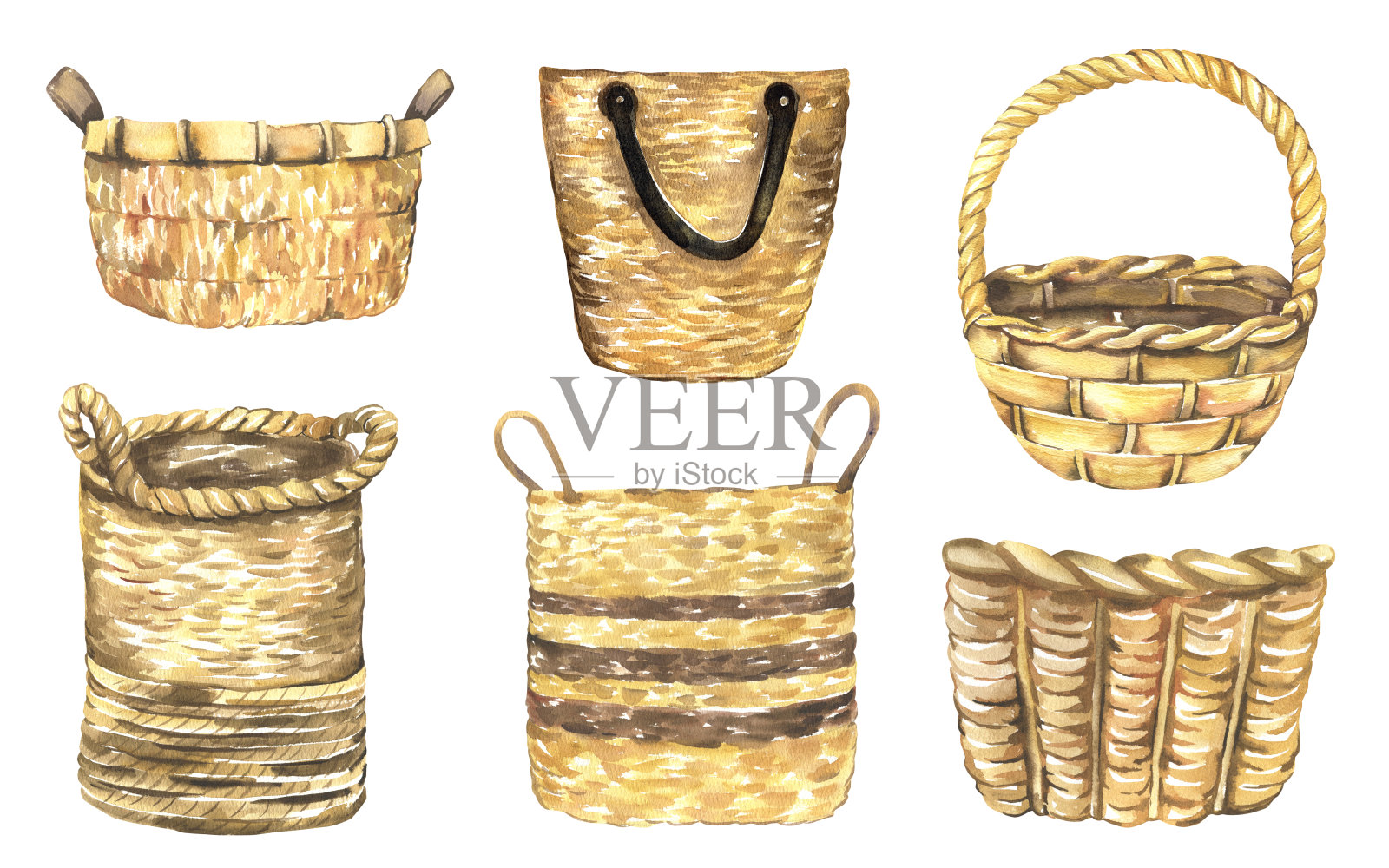 水彩插图-柳条篮子收集为婚礼文具，问候，壁纸，背景。玫瑰,绿叶插画图片素材