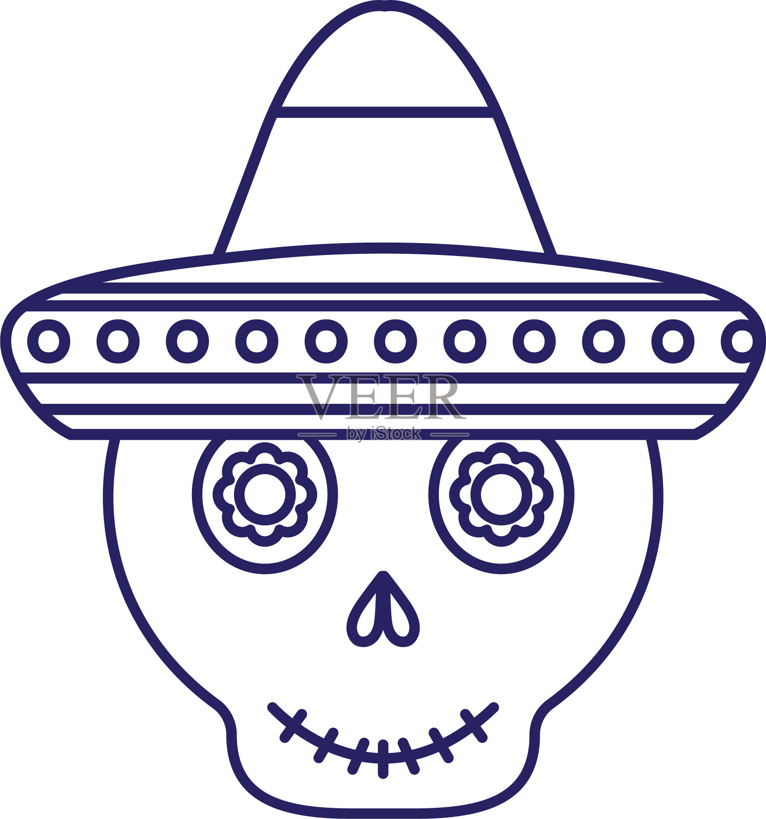 墨西哥头骨与帽子线风格的图标插画图片素材