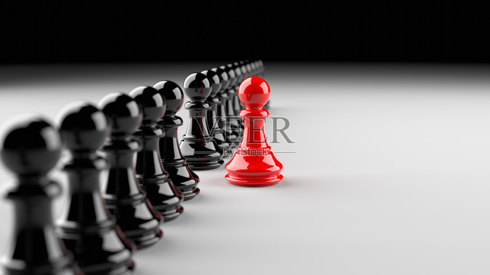 领导理念，红兵棋，从黑兵中脱颖而出，在白色背景下空白复制空间照片摄影图片