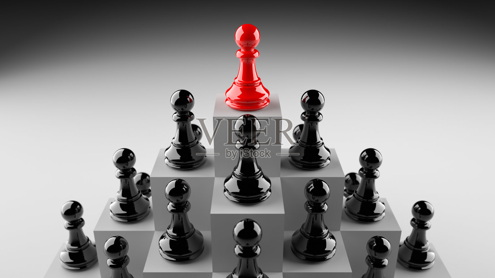 领导理念，红兵在象棋中，从黑兵中脱颖而出，以白棋为背景照片摄影图片