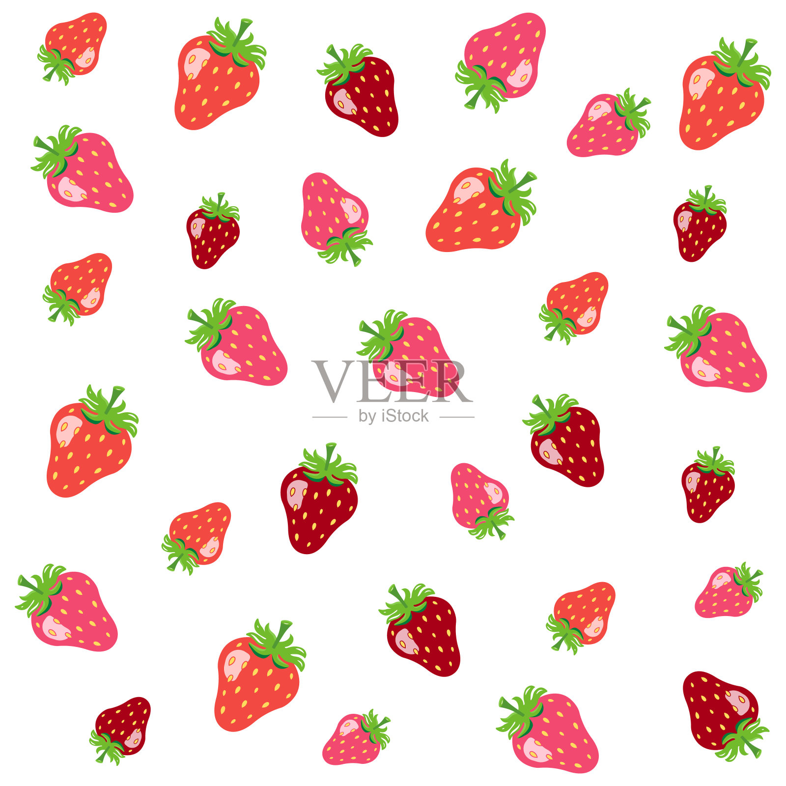 草莓花纹无缝。鲜红色和粉红色多汁草莓。背景为包装纸或织物。插画图片素材