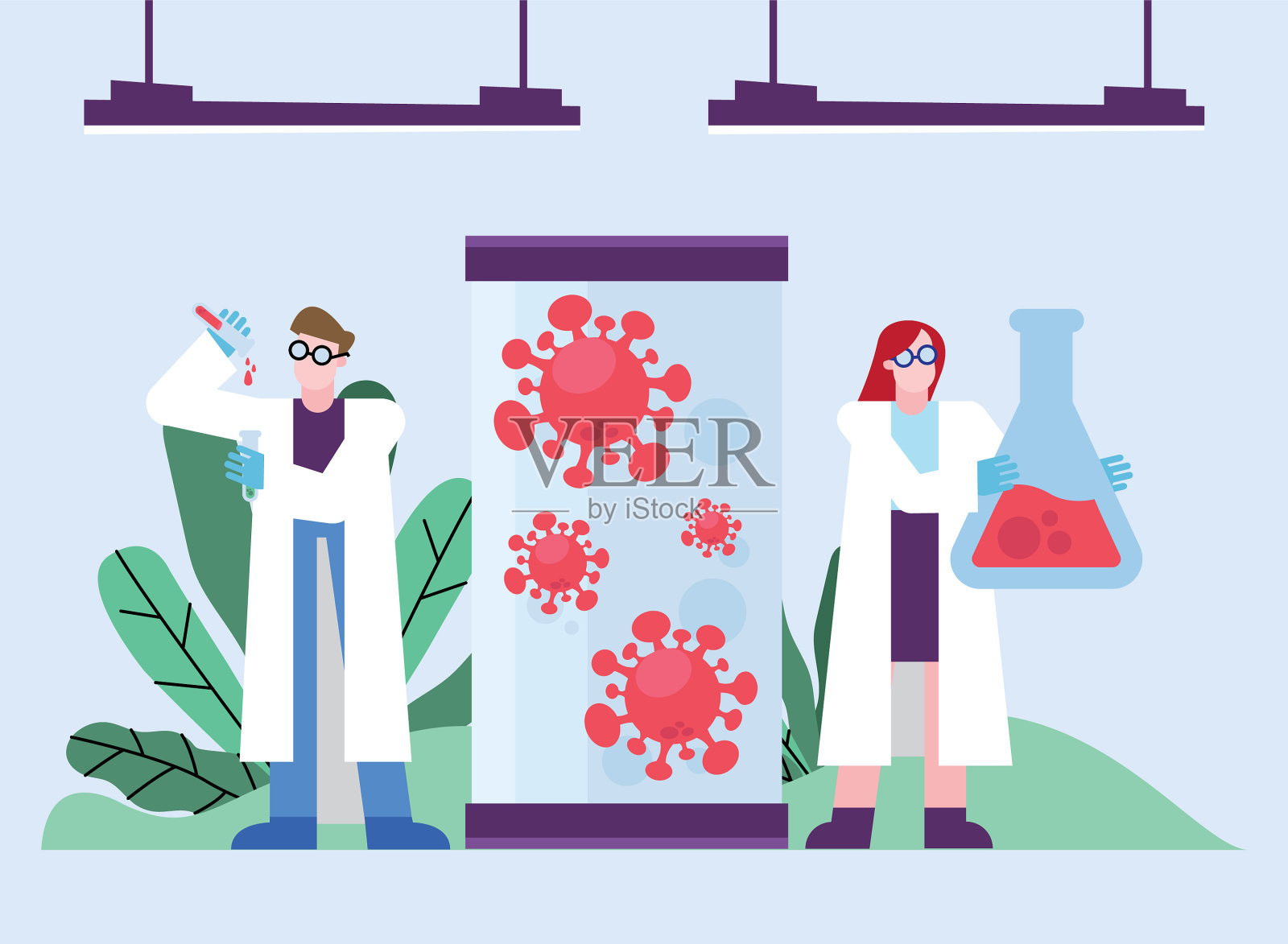 Covid - 19病毒疫苗研究和化学妇女插画图片素材