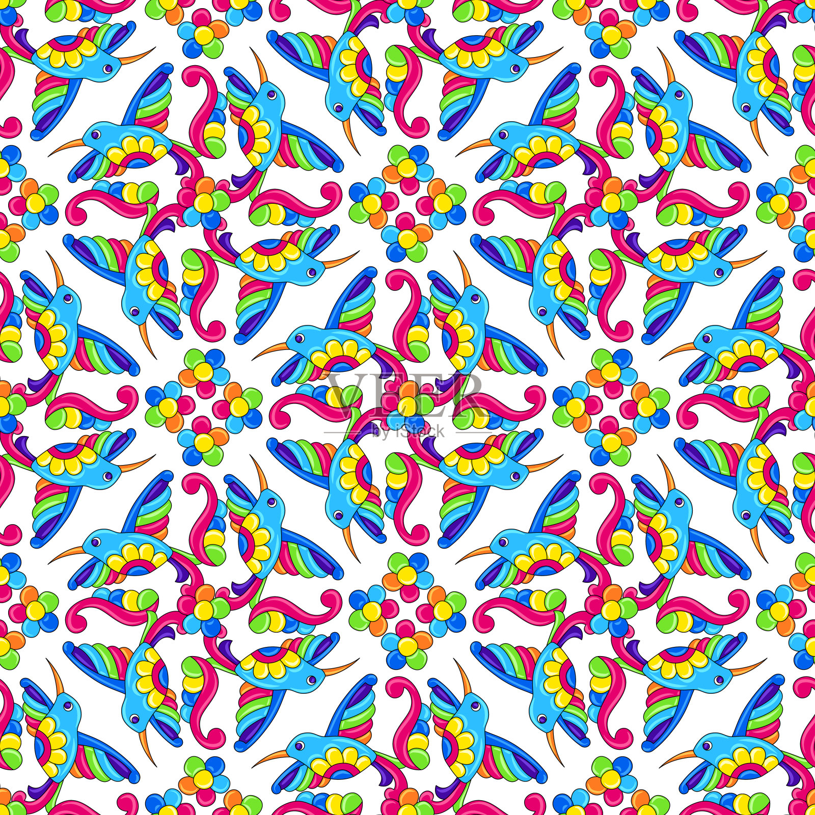 墨西哥塔拉维拉无缝模式与热带蜂鸟。传统装饰对象。插画图片素材