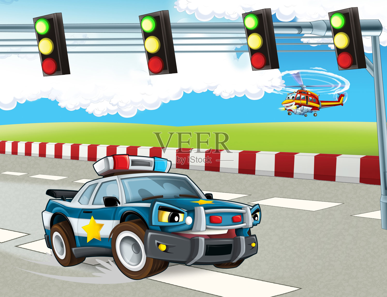 卡通场景与直升机飞行在城市-插图插画图片素材