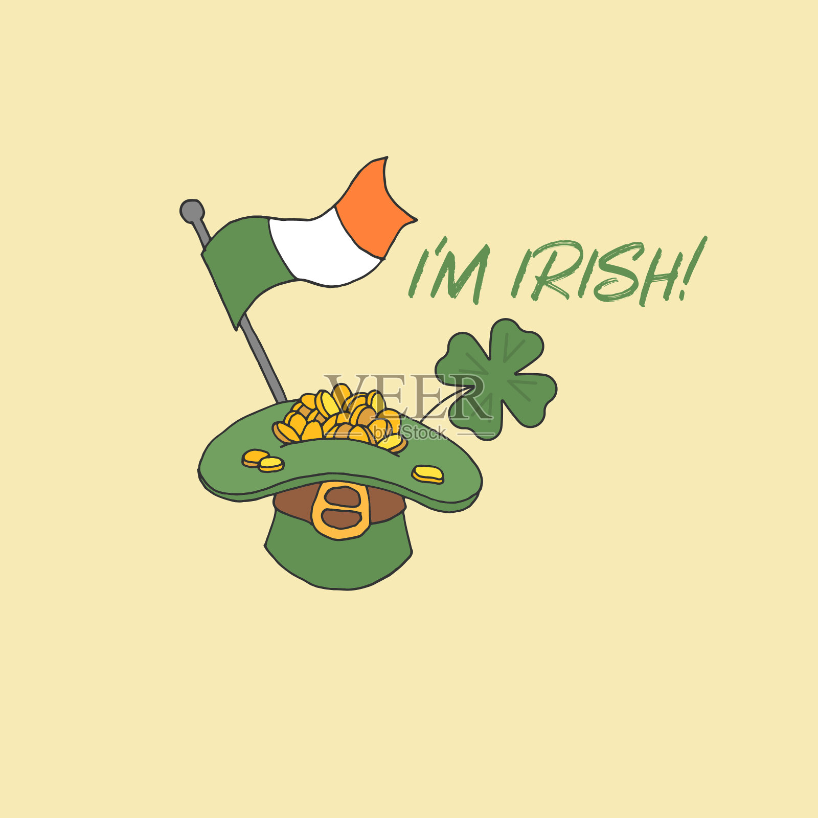 圣帕特里克节贺卡。帽子的硬币。帽子里的钱。爱尔兰国旗。三叶草。向量。电路。矢量插图。股票向量。我是爱尔兰人!设计元素图片
