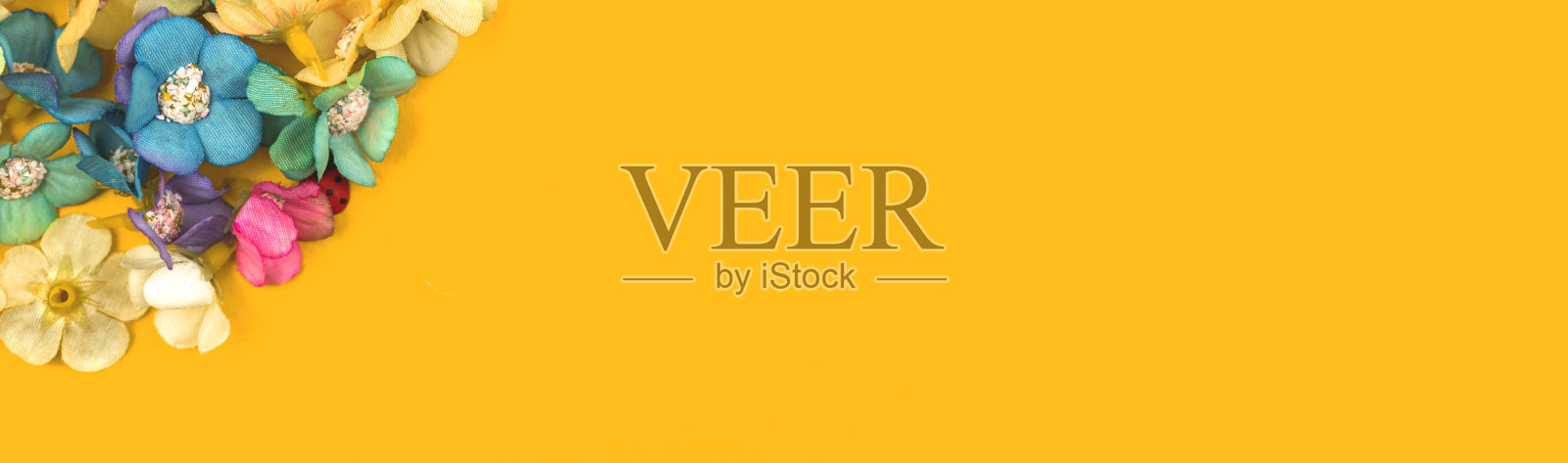 春季花横幅和边界组成的黄色背景，复制空间和顶视图照片摄影图片