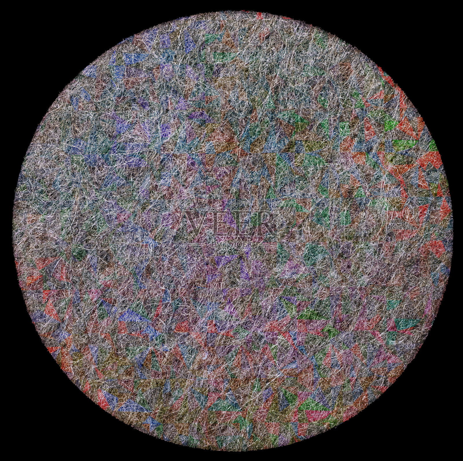 圆形毛毡贴纸，黑色背景，冷色调纹理。插画图片素材