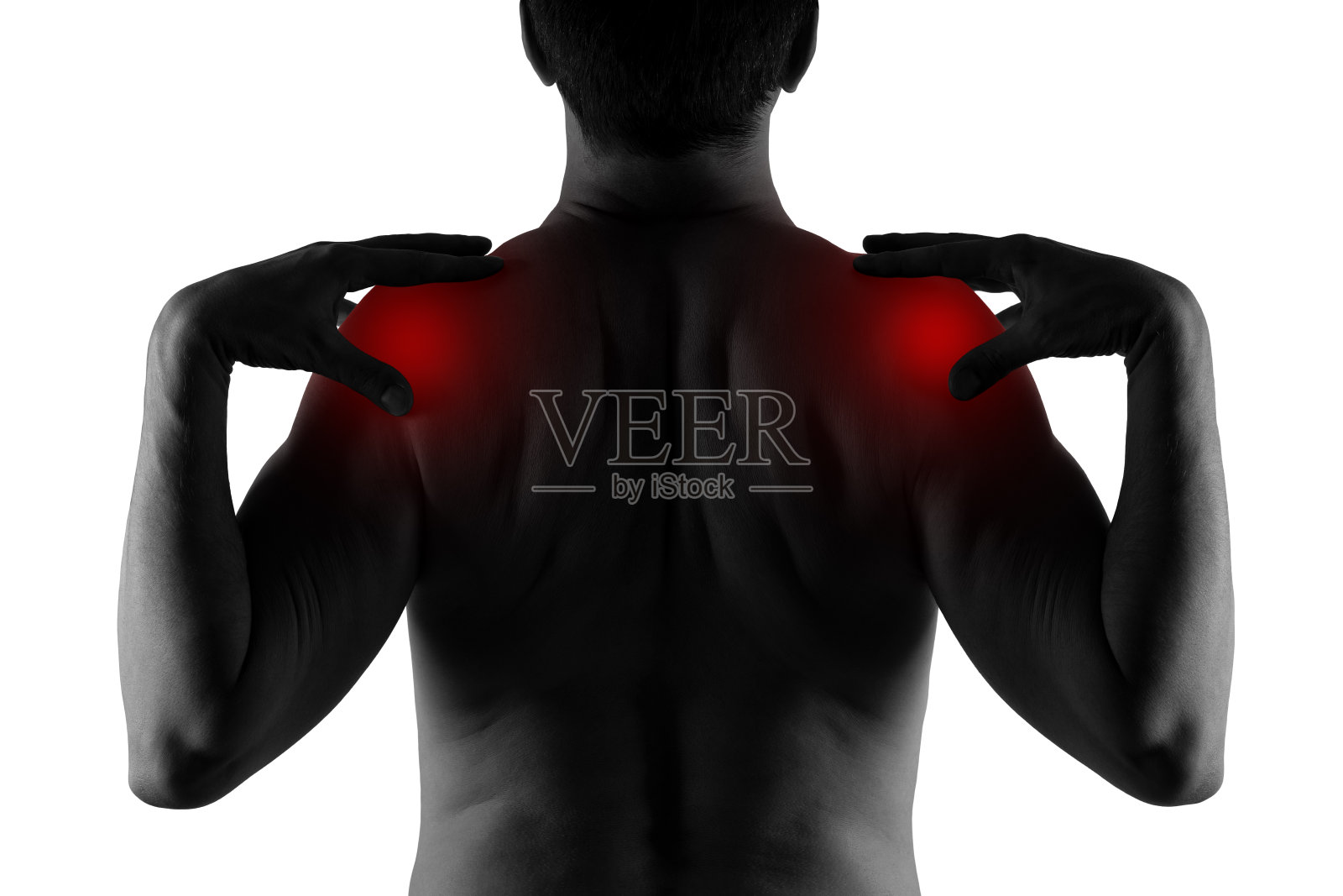 肩胛骨疼痛，男性背部疼痛孤立在白色背景照片摄影图片