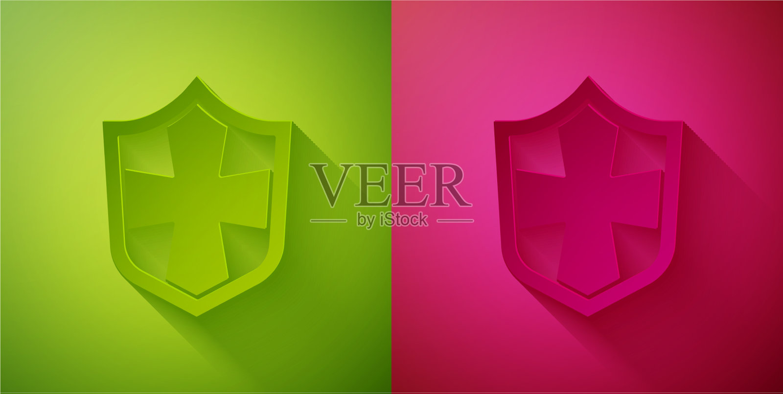 剪纸盾牌图标隔离在绿色和粉红色插画图片素材